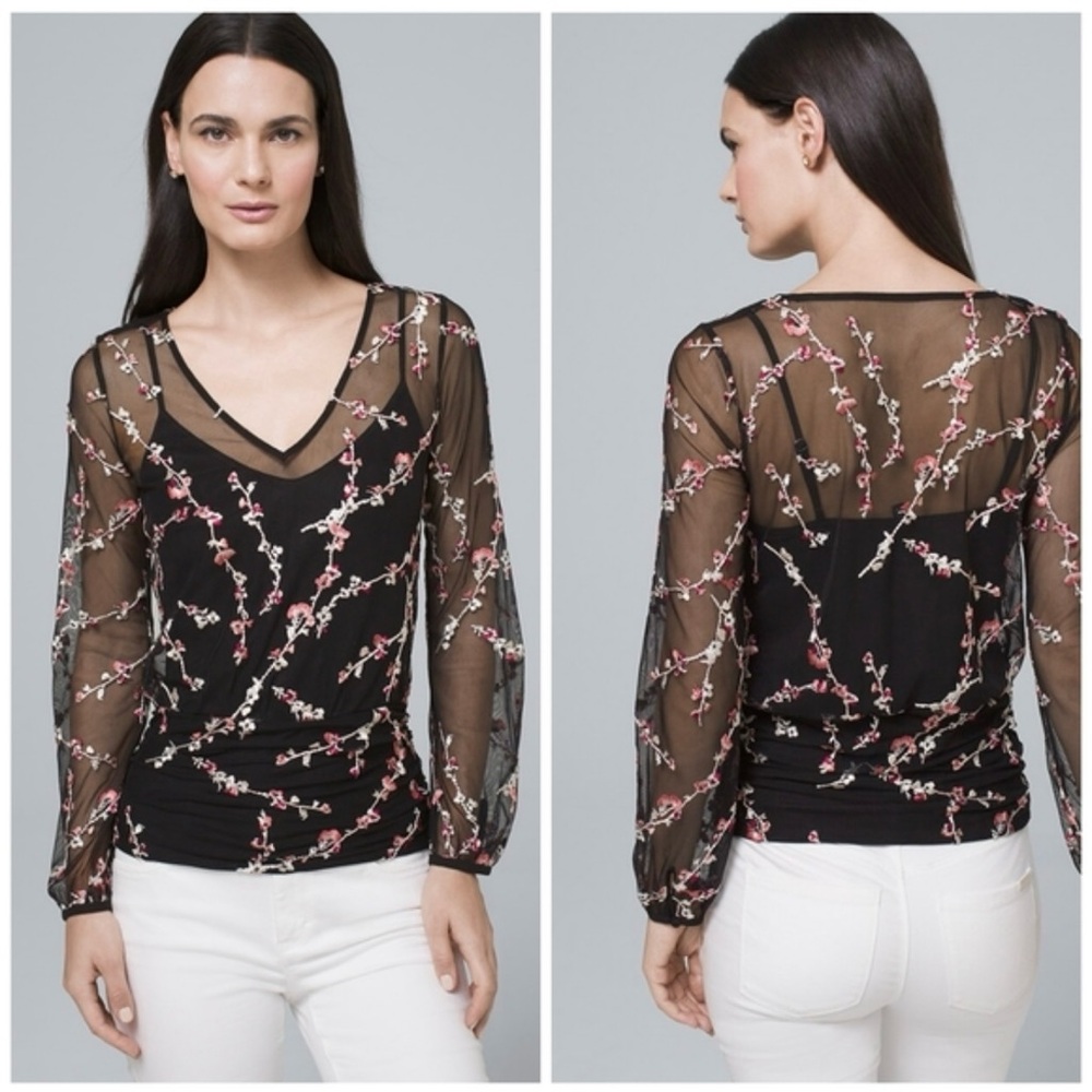 White House Black Market  Embroidered Mesh Overlay Top Large